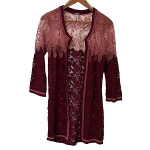 BKE Gimmicks Sheer Kimono Boho Chic Burgundy Lace Whimsigoth Fairy Womens M